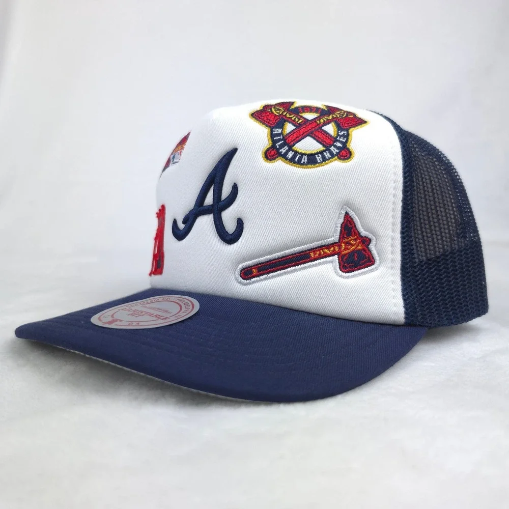 Atlanta Braves Mitchell & Ness Trucker‎ Hat Cap 3D Logo 5 Logos White Navy NWT